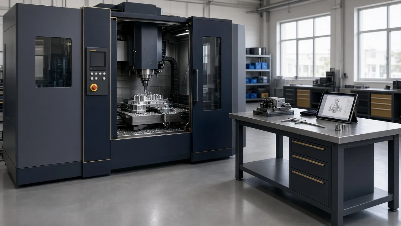AI-generated illustration of a modern small CNC machining cell.